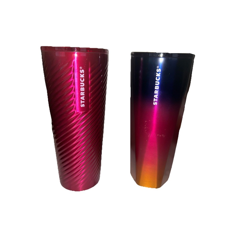 Starbucks 2023 Cold Cup Tumbler Set 24oz Pink Swirl & Blue Orange Ombre No Straw
